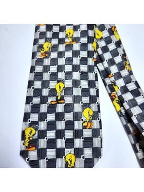 Vintage Warner Brothers Looney Tunes Tweety Bird Tie 1999 Black & White Check